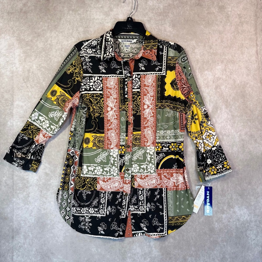 Nygard Button Up Blouse Women Small Multi Spiced Patch Paisley Stretch Autumn